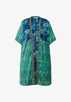 Vestito stile kimono fluido con maniche corte, caratterizzato da un vivace motivo floreale verde e blu, e un'abbondante decorazione floreale colorata lungo la parte anteriore.