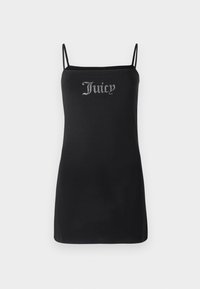 Robe sans manches noire avec des bretelles fines, présentant un texte "Juicy" orné de cristaux sur le devant. Tissu doux et lisse, silhouette ajustée.