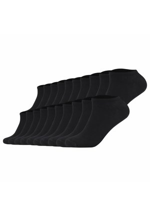 Vierzehn Paar schwarze knöchellange Socken, in zwei Reihen angeordnet, auf weißem Hintergrund dargestellt.