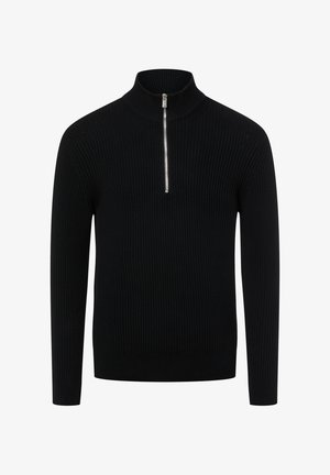 Zwarte geribde trui met een hoge kraag en een halve ritssluiting. Gemaakt van gebreid materiaal, voorzien van lange mouwen en een aansluitend ontwerp.