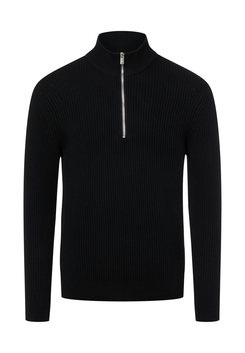 Schwarzer gerippter Pullover mit hohem Kragen und halbem Reißverschluss. Hergestellt aus Strickmaterial, mit langen Ärmeln und figurbetontem Schnitt.