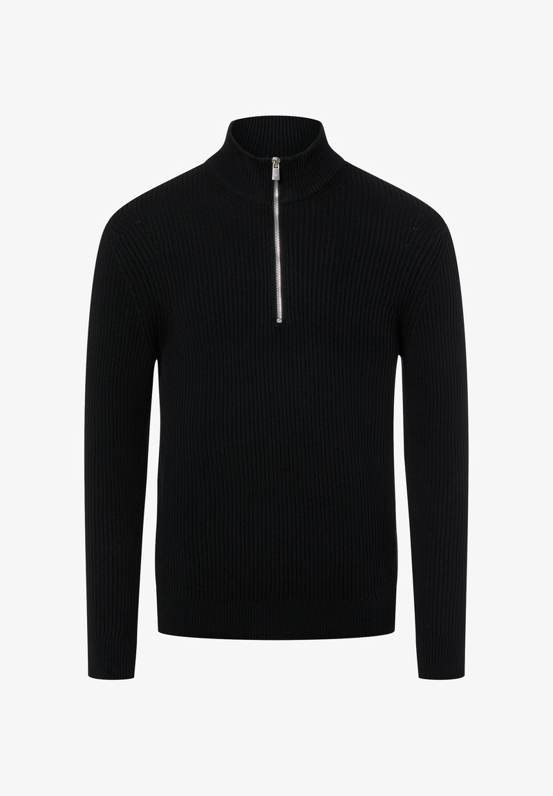 Schwarzer gerippter Pullover mit hohem Kragen und halbem Reißverschluss. Hergestellt aus Strickmaterial, mit langen Ärmeln und figurbetontem Schnitt.