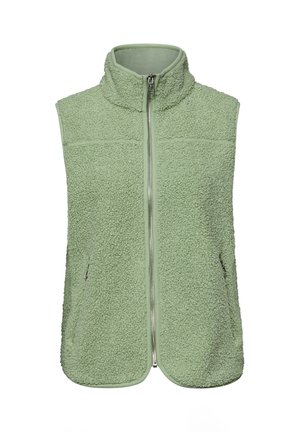 Veste sans manches en polaire vert clair avec col haut et fermeture éclair à l'avant, comprenant deux poches latérales zippées.