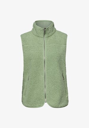 Vaaleanvihreä hihaton fleeceliivi, jossa korkeakaulus ja edessä vetoketjusuljenta, varustettu kahdella vetoketjullisella sivutaskulla.