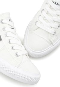 White canvas sneakers featuring round toes, rubber soles, and flat white laces, with a textured side panel and silver eyelets.