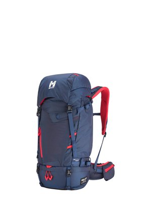 Dark blue hiking backpack with red accents, padded shoulder straps, multiple buckle fastenings, and a waist pouch on white background.
