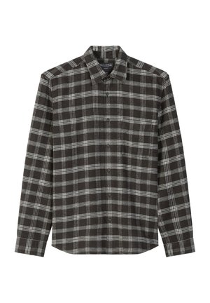 Schwarz-weiß kariertes Langarmhemd mit Knopfleiste, Kragen, geradem Saum und Markenetikett im Nackenbereich.