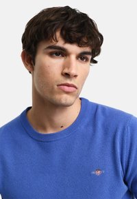 Maglione azzurro lavorato a maglia con collo rotondo, polsini a coste e logo ricamato sul petto. Tessuto morbido con una finitura liscia.