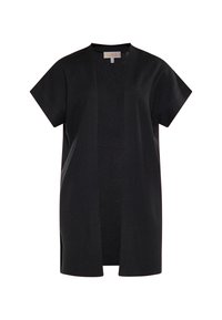 Cardigan negru tricotat, deschis în față, cu mâneci scurte, având o siluetă dreaptă și fără închideri. Textură netedă și design minimalist.