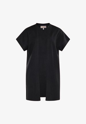 Black knit open-front cardigan with short sleeves, featuring a straight silhouette and no fastenings. Smooth texture and minimal design.