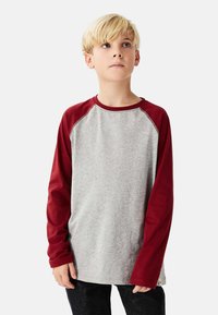 Grå langærmet T-shirt med kastanjebrænde raglanærmer, blød tekstur, rund halsudskæring og subtile syningsdetaljer på ærmerne.