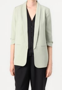 Světl zelený blazer s klopami, tříčtvrtečními rukávy a bočními kapsami. Spárovaný s černou košilí na knoflíky.