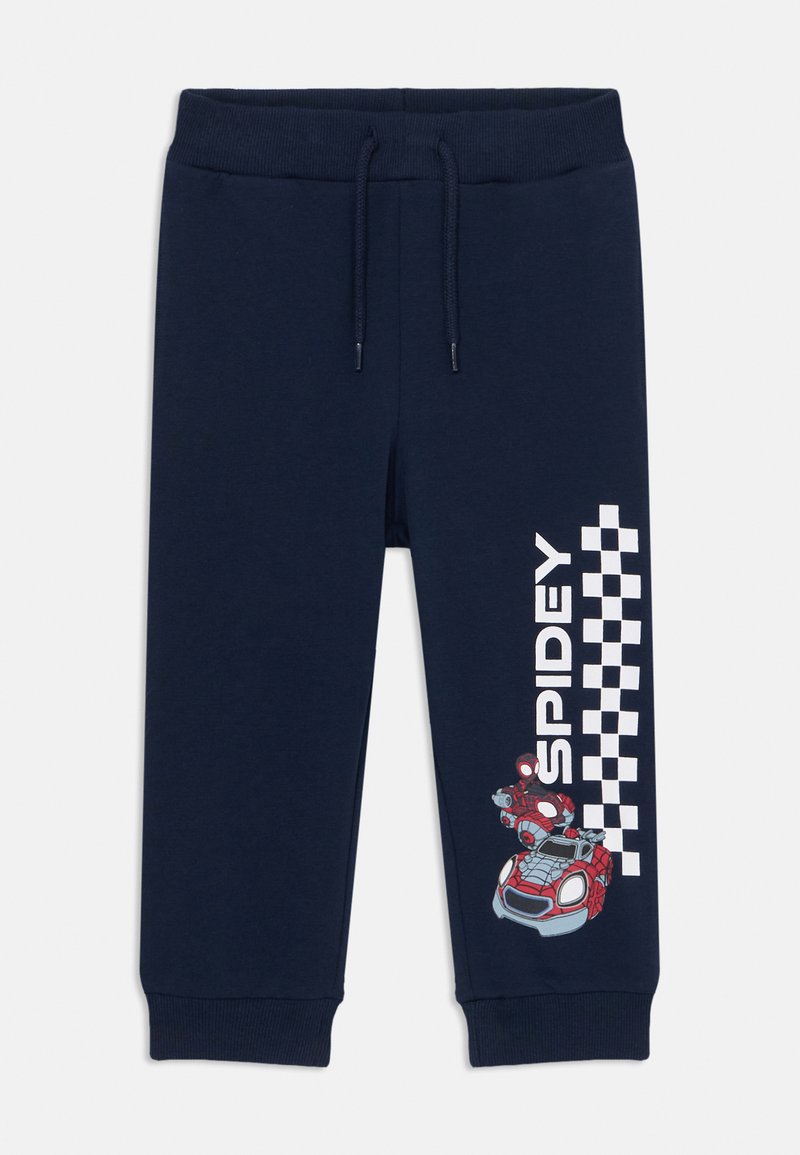 Pantalons de survêtement bleu marine avec un cordon de serrage à la taille, présentant un graphique "Spidey" et un motif à damier blanc, en tissu coton, avec des poignets côtelés.