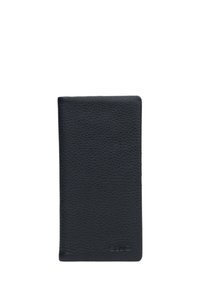 Black leather wallet, textured surface, slim rectangular shape, subtle branding on the front, clean edges, no visible embellishments.