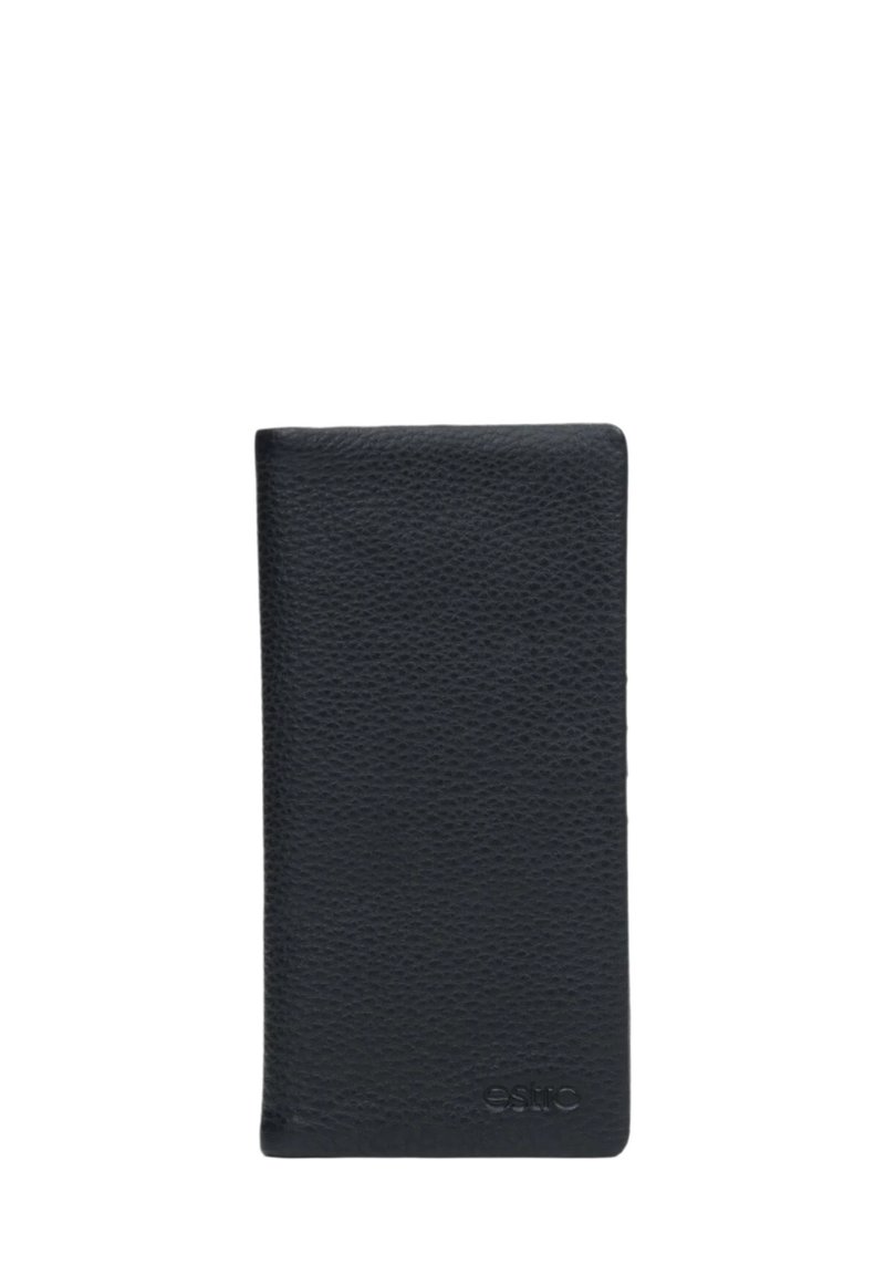 Black leather wallet, textured surface, slim rectangular shape, subtle branding on the front, clean edges, no visible embellishments.