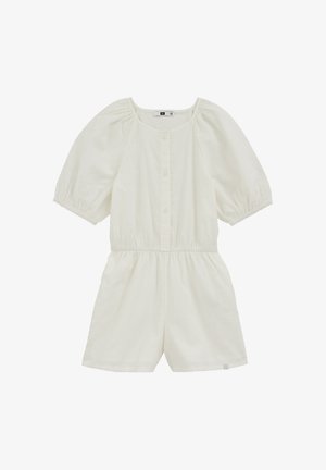 Weißer kurzärmeliger Strampler mit elastischem Bund und Knopfleiste vorne, mit feiner Blumenstickerei auf dem Stoff.