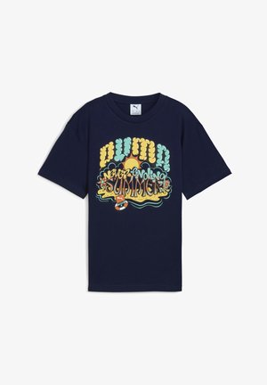 Navy blue cotton t-shirt featuring a colorful graphic that includes the word "PUMA," a sun, and waves, with short sleeves and a crew neck.