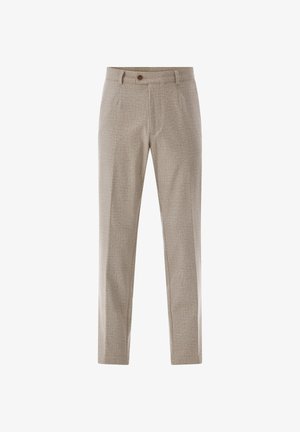 Beige zugeschnittene Herrenhose mit Gürtelschlaufen, Knopfverschluss und geradem Bein auf weißem Hintergrund.