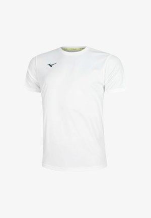 Camiseta deportiva blanca de manga corta con cuello redondo y pequeño logo negro de Mizuno en el pecho superior izquierdo.