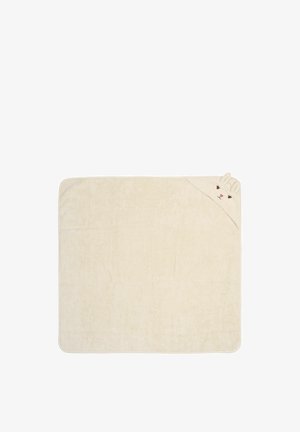 Asciugamano con un morbido tessuto beige caratterizzato da un design giocoso, che include il muso e le orecchie di un orso in un angolo, aggiungendo texture e dettaglio.