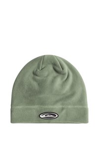 Bonnet en polaire vert clair avec un ourlet replié et un patch logo ovale à l'avant, présentant une texture lisse et un ajustement serré.