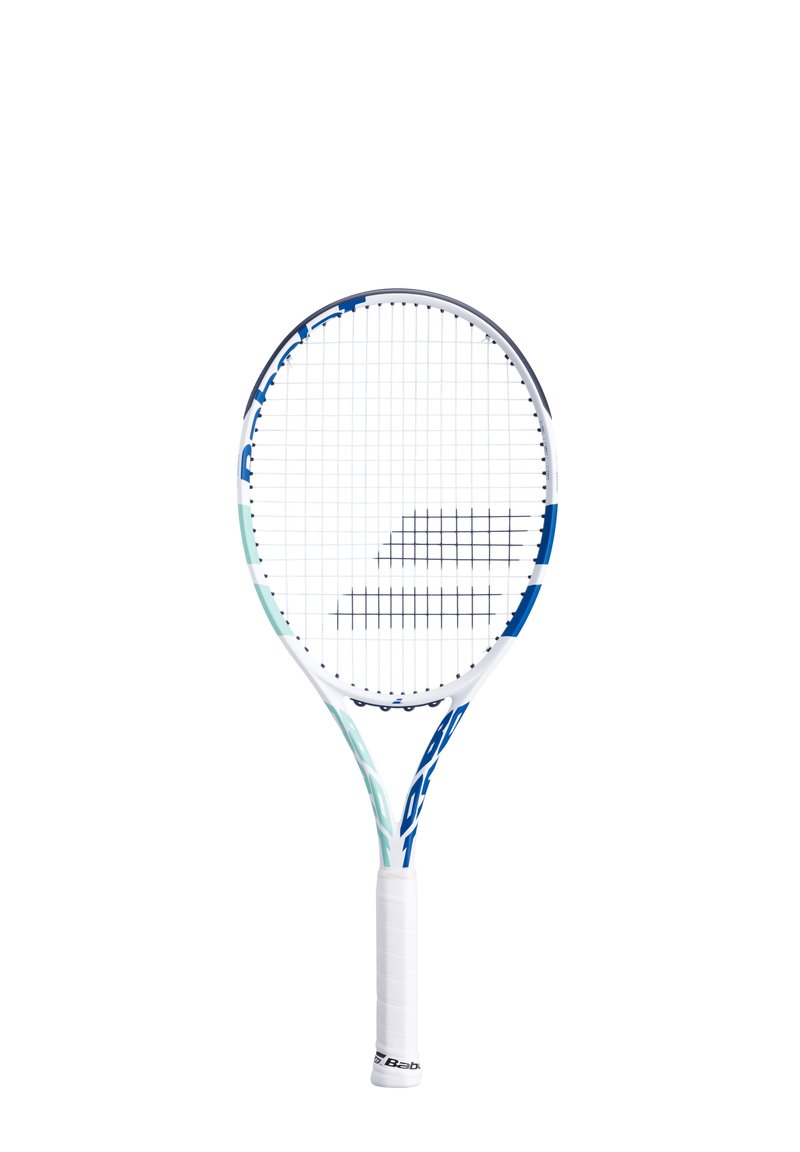 Tennisketsjer med en hvid ramme, blå accenter og et tekstureret greb. Den har et stort ovalt hoved med et gittermønster af strenge.