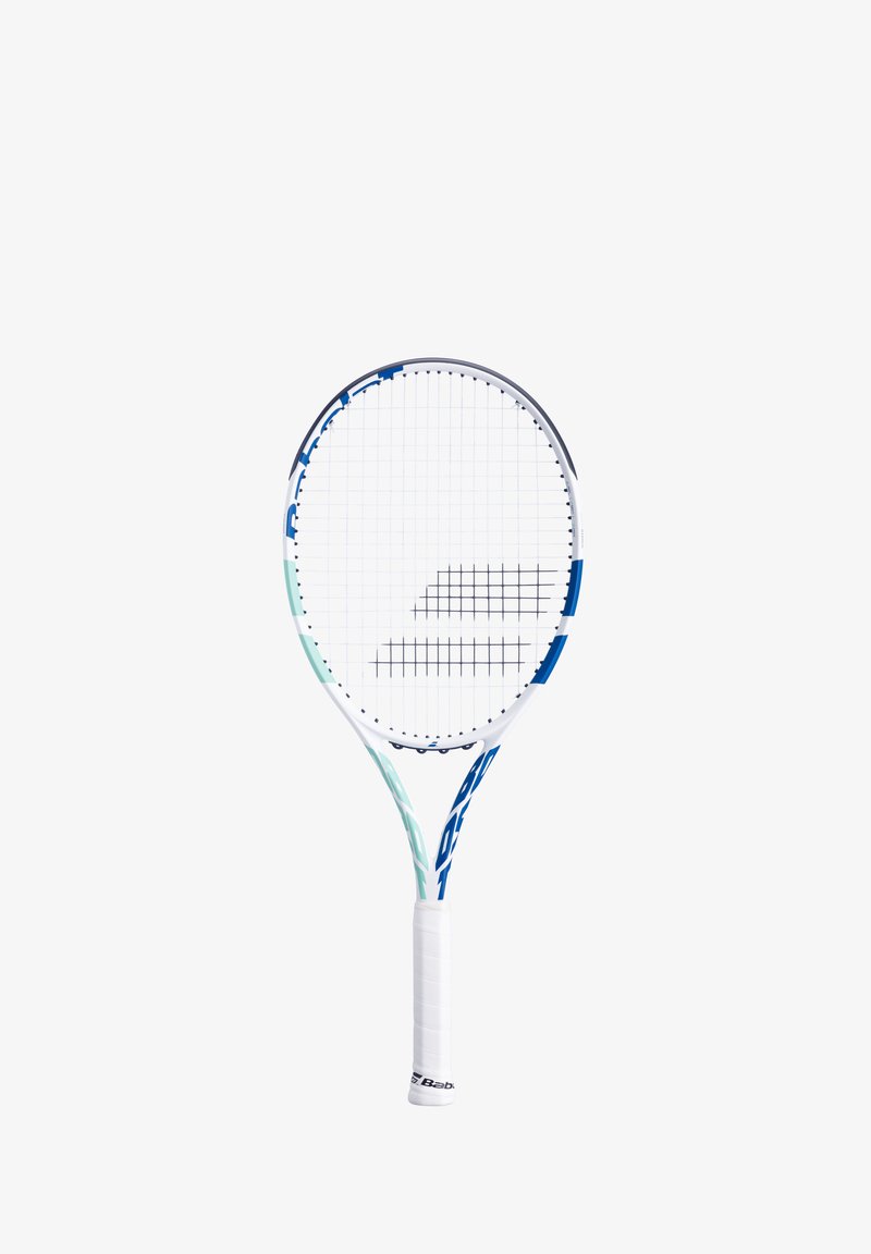 Tennisketsjer med en hvid ramme, blå accenter og et tekstureret greb. Den har et stort ovalt hoved med et gittermønster af strenge.