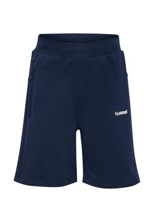 Marineblaue Sportshorts mit elastischem Bund, Reißverschlusstasche an der linken Seite und weißem "hummel"-Logo auf der rechten Vorderseite.
