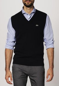 Mörkblå stickad väst med V-hals, lagd över en ljusblå rutmönstrad skjorta. Framträdande grönt logo på vänster bröst. Slät textur, åtsittande design.