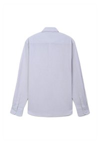 Camicia a maniche lunghe a strisce sottili blu chiaro e bianca vista dal retro, con colletto e polsini abbottonati.
