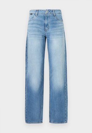 Hellblaue weit geschnittene Jeans aus Denim, mit hoher Taille, Fünf-Taschen-Design und leichter Ausbleichung für einen lässigen Look.