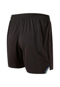 Mustat urheilushortsit, joissa on joustava vyötärönauha, sivulla värillinen raidan koriste ja sileä, kevyt kangaspinta.