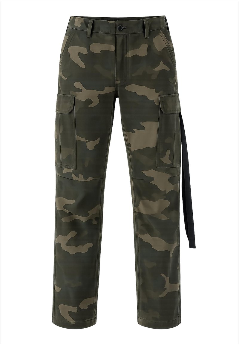 Zöld árnyalatú, világos bézs mintázatú kamuflázs cargo nadrág, oldalzsebekkel, gombos záródással és fekete szövet fűzővel.