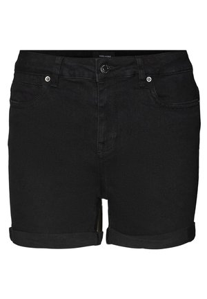 Schwarze Denim-Shorts mit umgeschlagenen Säumen, vorderer Knopf- und Reißverschluss, Gürtelschlaufen und Vordertaschen.