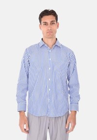Camicia a maniche lunghe a righe blu e bianche con colletto button-down e tasca sul petto. Tessuto leggero con una texture liscia.
