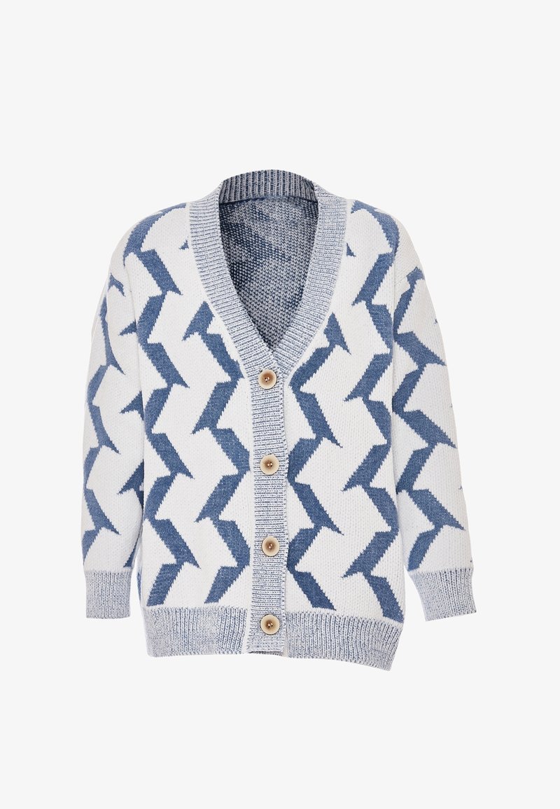 Fehér kötött kardigán, kék geometrikus mintával, V-nyakkal és öt fadübbellel. Texturált anyag, bordázott mandzsettákkal.