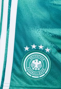 Zelena nogometna majica z belimi črtami; na sprednji strani ima okrogel vezen znak z orlom in napisom ter štiri majhne zvezde nad znakom.