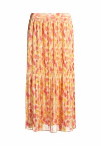 Faltenrock aus leichtem Stoff mit einem floralen Muster in Orange, Pink und Gelb. Mit einem gerafften Saum und einem elastischen Bund.