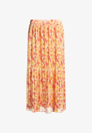 Pleated skirt in a lightweight fabric featuring a floral pattern of orange, pink, and yellow. Includes a ruffled hem and elastic waistband.