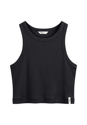 Zwarte geribde cropped tanktop met brede schouderbanden, ronde halslijn en een klein wit merkje onderaan de zoom.
