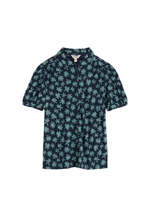 Blusa a maniche corte blu navy con motivo floreale verde acqua, frontale con bottoni, maniche a sbuffo e colletto classico.