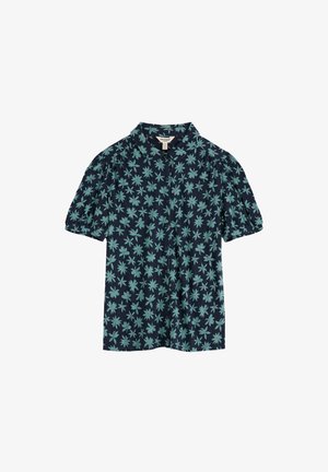 Marineblauwe blouse met korte mouwen, teal bloemmotief, knoopsluiting aan de voorkant, pofmouwen en klassieke kraag.