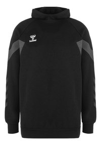 Zwarte sweatshirt met capuchon, voorzien van een zachte textuur, geribbelde manchetten en grijze accenten op de schouders en mouwen. Hummel-logo op de borst.