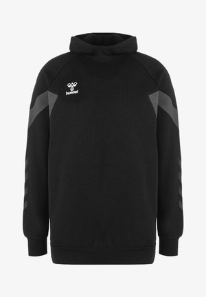 Schwarzer Kapuzenpullover mit weicher Textur, gerippten Bündchen und grauen Akzenten an Schultern und Ärmeln. Hummel-Logo auf der Brust.