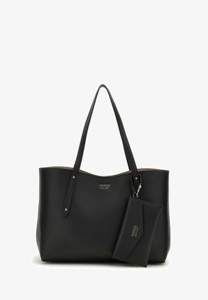 Bolso tote de cuero negro texturizado con asas dobles, parte superior abierta y un estuche desmontable con herrajes plateados y detalle de logotipo.