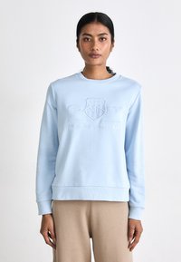 Világoskék, puha anyagból készült pulóver, dombornyomott logóval és bordás mandzsettákkal. A design kör alakú dekoltázzsal és laza szabással rendelkezik.