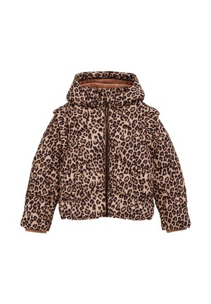 Pälsjacka med leopardmönster i beige och brunt. Har en huva, dragkedja framtill och två framfickor med en mjuk inredning.