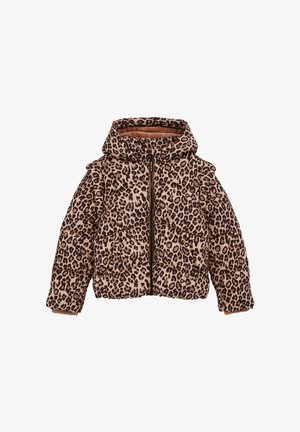 Pufová bunda s leopardím vzorom v béžovej a hnedej farbe. Má kapucňu, zips vpredu a dve predné vrecká s mäkkou vnútornou podšívkou.