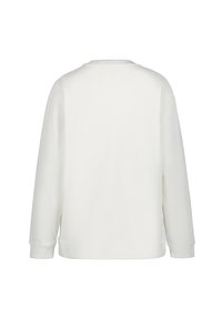 Sudadera blanca de manga larga con textura de canalé, cuello redondo y mangas con puños. Diseño simple sin adornos adicionales.