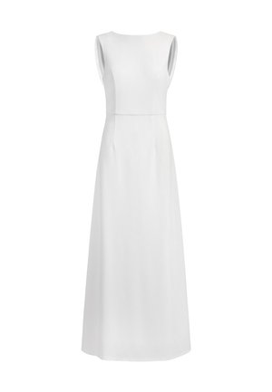 Weißes ärmelloses Kleid mit einem Bootsausschnitt und gerader Silhouette, aus glatter Stoff gefertigt, mit klaren Linien und ohne zusätzliche Details.